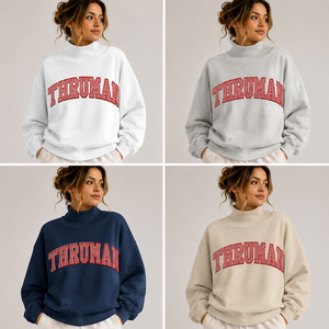 Sudadera de Cuello Alto para Mujer Thurman, Gris con Estampado de Letras Rojas, Mezcla de Algodón, Tejido de Punto, Ropa Casual de Otoño - Product Image 5