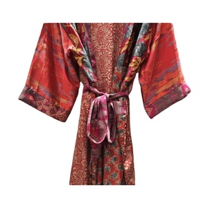 Vestido Kimono Floral Vintage de seda India para mujer, ropa de verano de playa Bohemia Hippie con cierre de cintura elástica, bata Kimono - Product Image 2