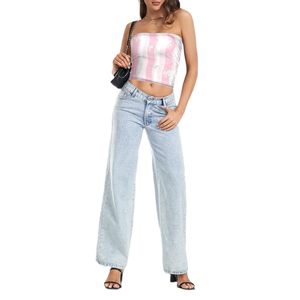 Top corto sin tirantes con lazo rosa y estampado de rayas blancas por sublimación, estilo estético, para mujer, precio económico, venta al por mayor. - Product Image 1