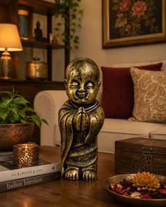 Estatua de Buda Vintage, Figura de Monje Sonriente, Resina, Diseño Zen Asiático, Decoración Antigua Envejecida para Sala de Estar, Meditación - Product Image 2