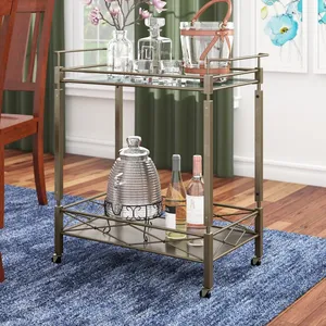 Modern Ceramic Rolling Eco-Friendly Beverage Serving Cart with Glass <b>Top</b> and Lower Shelf for Home Bar <b>Wedding</b> Dining Room Use - Product Image 4