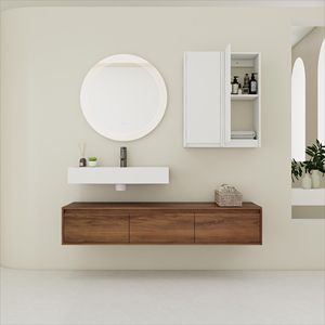 Mobile bagno sospeso da 60 pollici con lavabo in resina e 2 armadietti laterali, 3 cassetti a chiusura ammortizzata, design a montaggio a parete - Product Image 1