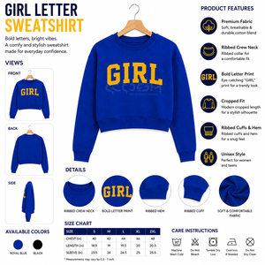 เสื้อสเวตเชิ้ตคอกลมสีน้ำเงินรอยัลของ Cosh International Sorority Sisterhood พร้อมพิมพ์ตัวอักษร GIRL สีเหลืองและโลโก้แบบกำหนดเองด้านหน้า - Product Image 6