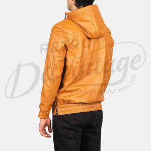 Chaqueta con Capucha de Cuero Genuino Color Camel para Hombre, con Cierre de Cremallera de un Cuarto, Bolsillo Frontal, Cintura Elástica, Estilo Casual Anorak - Product Image 2