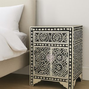Meuble de chambre et de salon de luxe, écologique, en résine, avec incrustation d'os, motif chevron, fait main, forme carrée, technique de moulage, à deux tiroirs - Product Image 3