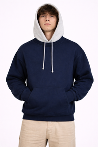Sweat-shirt à capuche pour homme, bleu marine, avec capuche contrastante grise, en molleton de coton, coupe décontractée, chaud pour l'hiver, avec poche kangourou - Product Image 4