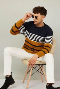 Soft Touch Crew Neck Stripe Sweater for <b>Men</b> Trendy Casual Striped <b>Pullover</b> Sweater From India Supplier At Best Price - Product Image 4