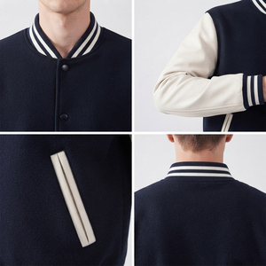 Blouson universitaire pour homme en laine avec manches en cuir PU, style Letterman, boutons-pression, bordure côtelée, bleu marine, personnalisable, vente en gros - Product Image 3