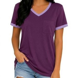 Women's Purple V-Neck Short Sleeve T-Shirt With Pocket Casual Cotton Jersey <b>Top</b> Spring Summer Wear - Product Image 2