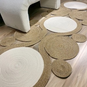 Modern Jute Round Area Rug Abstract Pattern Flat Weave Non Slip Kitchen Floor Mat Natural Beige Color Novelty Shape - Product Image 6
