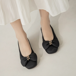 Ballerines en cuir d'agneau véritable pour femmes Ann'S, avec nœud décoratif, en cuir souple, confortables, à enfiler, plates, noires - Product Image 1