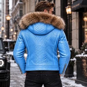 Chaqueta de Cuero de Pitón Premium para Hombre, con Capucha de Piel de Zorro Auténtica, Estilo Motero |   Chaqueta de Cuero para Motociclista para Hombre |   Chaqueta de Cuero para Hombre - Product Image 2