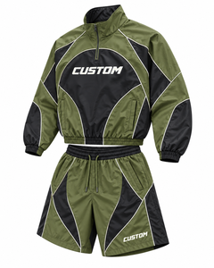 Conjunto de Chaqueta Cortavientos y Pantalones Cortos Personalizados al por Mayor, Unisex, Color Verde Oliva y Negro, Ropa Deportiva, Chándal con Logotipo Personalizado, Ropa Urbana Ligera - Product Image 2
