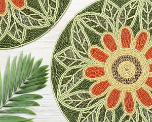 Handmade Beaded Round Placemat Floral Design Luxury Glass Bead <b>Table</b> <b>Mat</b> for Dining <b>Table</b> Decor Green & Orange Craftera Exports - Product Image 1