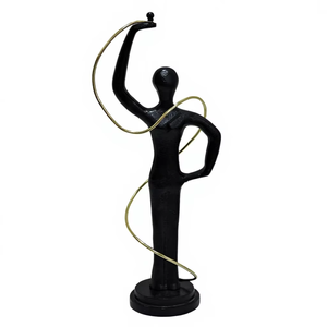 Estatua Moderna Abstracta de Gimnasta Rítmica en Aluminio Negro con Aro Dorado y Cinta, Escultura Contemporánea para Decoración del Hogar - Product Image 1