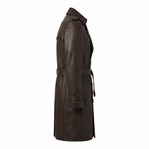 <b>Men's</b> Long Brown Leather <b>Trench</b> <b>Coat</b> With Belt Turn-down Collar Smart Casual Autumn Wear - Product Image 1