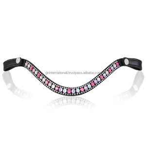 Diadema para Caballo de Cuero 100% Genuino con Perlas Rosadas, Azules y Blancas, Cristales y Pedrería, Diseño de Onda, Mega Brillante - Product Image 1