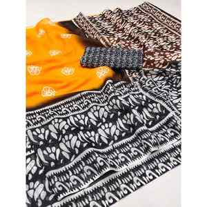 TENDING LIN COTON SOIE SIBORI SAREE IMPRIMÉ AVEC BLOUSE NON COUCHÉE JAUNE - Product Image 1