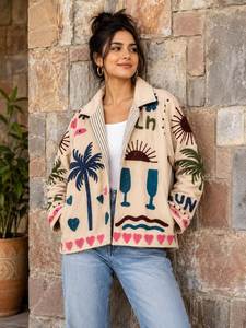 Chaqueta de Mujer Tejida en Terciopelo con Bordado, Ecológica, de Algodón, con Estampado Floral, Reversible, Estilo Bohemio para Invierno - Product Image 1
