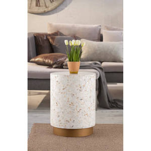 Taburetes cilíndricos con base dorada y concha floral, mesa auxiliar pequeña de mosaico artesanal de nácar para decoración de sala de estar y dormitorio - Product Image 3