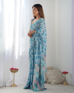 Elegante Saree Tradicional de Chinnon con Borde de Encaje de Espejo de Secado Rápido para Mujer, Saree Indio para Fiestas, Colección para Todas las Temporadas - Product Image 1