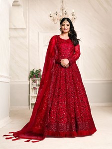 Traje Anarkali Moderno Bordado en Tela de Red, Semi-Cosido, Largo hasta el Suelo, para Fiestas y Bodas - Product Image 4