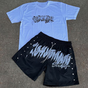 Vente en gros de haute qualité sérigraphie personnalisée hommes Vintage lavé acide lavage sweat shorts ensemble t-shirts et shorts pour hommes - Product Image 5