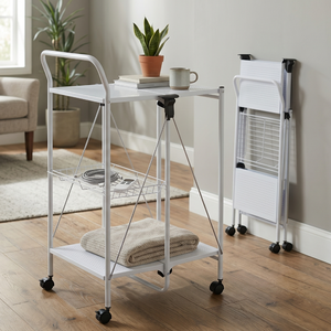 White Steel <b>Foldable</b> <b>Cart</b> With Four Wheels Multilayer Storage Movable Organizer - Product Image 1