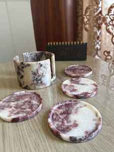 Luxury Handcrafted Calacatta Marble Coaster Set of 6 With Forest Green Natural Stone Design For Home Decor and Gift Use - Product Image 4