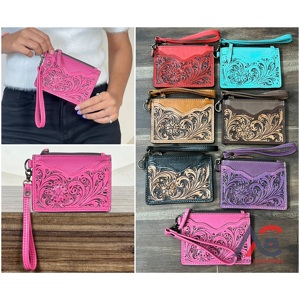 OEM ODM Luxury Handmade 100% Genuine Leather <b>Slim</b> Minimalist ID Credit <b>Card</b> <b>Holder</b> Floral Design Zipper Unisex Coin Pouch - Product Image 1