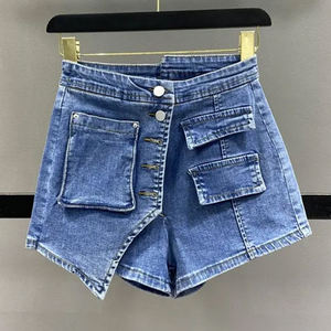 High Waist <b>Cargo</b> <b>Shorts</b> <b>Women</b> Solid Color Denim Button Fly Casual Style Breathable Loose Fit Woven Washed - Product Image 6