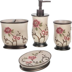 Set di Accessori da Bagno Moderno Classico Floreale Larrisa 4 Pezzi Include Dispenser Sapone, Bicchiere, Portaspazzolino, Portasapone per Uso Domestico - Product Image 1