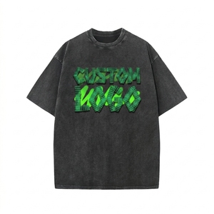 T-shirt en coton surdimensionné avec logo personnalisé brodé en 3D, effet délavé vintage, streetwear décontracté pour hommes - Product Image 1
