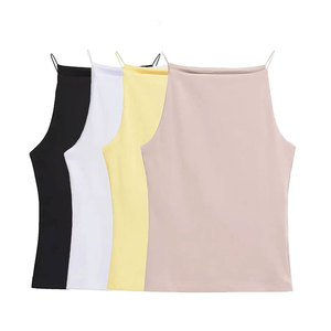 Débardeur côtelé uni à col rond pour femme, basique d'été, élastique, sans manches, coupe courte, en soie/coton, écologique, respirant, avec devant en satin - Product Image 1