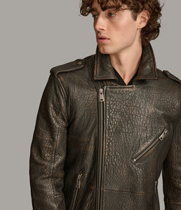 Men's Cow Skin <b>Leather</b> Moto <b>Jacket</b> Slim Fit Turn-down Collar Zipper Closure Solid Color Autumn Wear Modern fit plus size - Product Image 4