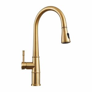 Single-Hole Deck Mount Gold Kitchen Faucet 1Handle Brushed Gold Sink Faucets with 360 Degree High Arc Pull Sprayer Design - Product Image 1