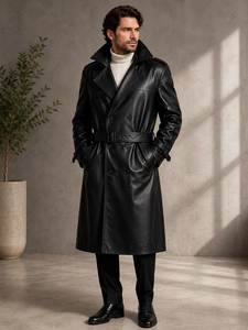 <b>Men</b> Genuine Leather <b>Long</b> Trench <b>Coat</b> Notched Lapel Double Breasted With Belt Regular Fit - Product Image 5