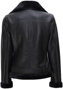 Veste moto en cuir véritable pour femme avec garniture en fourrure, fermeture éclair, manches longues, style hiver, couleur unie - Product Image 2