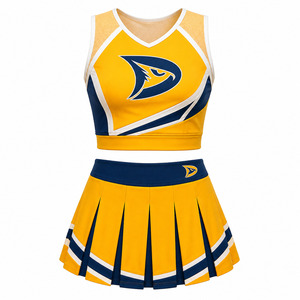 Uniforme de Animadora Personalizado al por Mayor, Conjunto de Ropa Deportiva en Amarillo Azafrán y Azul Petrol, Ropa de Equipo - Product Image 2