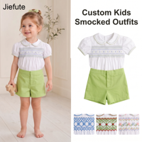 Jiefute Vente en gros de tenues smockées personnalisées pour enfants, ensemble chemise et short smockés à la main, vêtements vintage espagnols pour filles et tout-petits
