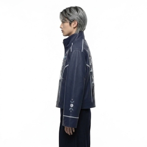 Streetwear <b>Real</b> <b>Leather</b> Bomber <b>Jacket</b> With Moon Embroidery Streetwear Style Autumn Zipper Closure Stand Collar - Product Image 4