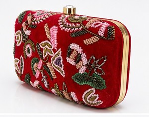 Elegant Red Velvet Clutch With Beaded Floral Embroidery Lock Closure Women's Evening Wedding Handbag - Product Image 4