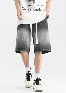 Pantalones Cortos Bermuda de Mezclilla Degradada para Hombre, Cintura Media, con Cordón, Estilo Casual, Color Sólido, Tela de Algodón Transpirable, Ropa Urbana - Product Image 2