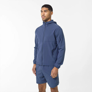 Men's Hooded Sporty Tracksuit <b>Set</b> Solid Blue Quick Dry <b>Knitted</b> Polyester Summer Wear - Product Image 1