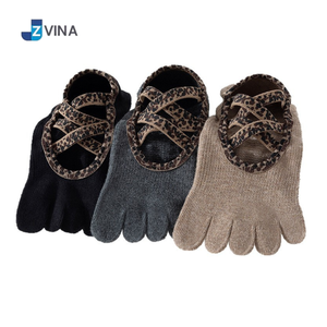 <b>Custom</b> Leopard Print 5 Toe Pilates <b>Grip</b> <b>Socks</b> Non Slip Yoga Barre Dance <b>Socks</b> with Cross Straps <b>Socks</b> Manufacturer - Product Image 3