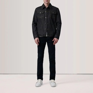 Veste en jean noire pour homme en denim brut selvedge avec surpiqûres contrastantes jaunes, style camionneur, boutonnée, vente en gros OEM - Product Image 1