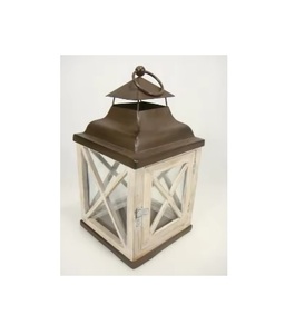 Vintage Square Metal Wood <b>Candle</b> Lantern Home Decor Christmas <b>Hurricane</b> Lamp with Wooden <b>Candle</b> Holder - Product Image 1