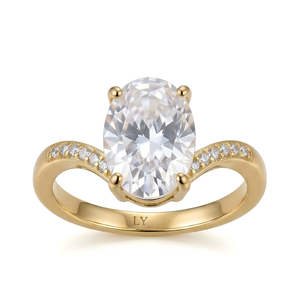 Anillo de Compromiso y Boda LY Clásico con Circonita Cúbica 5A de Corte Ovalado, Bañado en Oro Amarillo de 18K, con Tallo Curvo y Acentos Pavé, Promesa - Product Image 1
