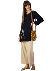 Women's Navy Blue Pure Viscose Kurta with Floral Embroidery Loose Fit <b>Ankle</b> Length Casual Indian Pakistani Ethnic Wear - Product Image 1