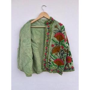 Premium Quality Traditional Handmade Vintage Embroidered Floral Cotton <b>Jacket</b> Green Suzani Style Gift for Her - Product Image 5